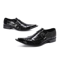 fashion men leather dress shoes business pointed toe buckle slip on black leather shoes