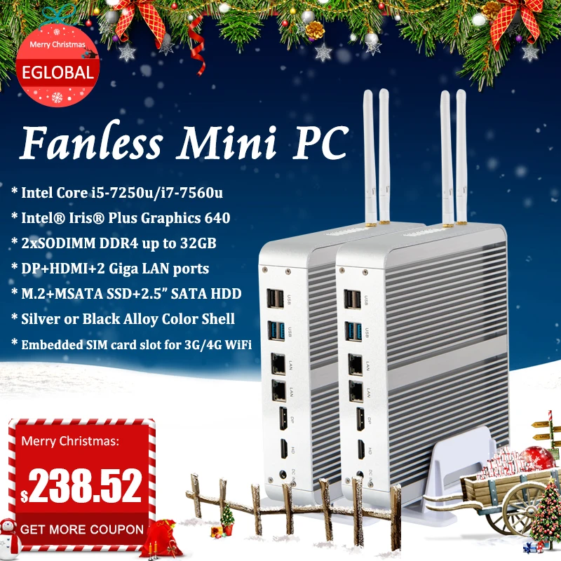 Процессор Eglobal Fanless Mini PC intel core i5 7260U Windows 10 Pro Micro компьютер 2 * DDR4 Msata M.2 SSD TV Box 4K HD HTPC 300M