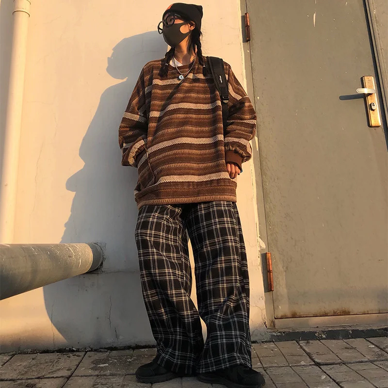 

Pullover Women Vintage Striped Sweater Oversize Long Sleeve Couples Knitted Tops Fashion Hip Hop Plus Size Streetwear Female