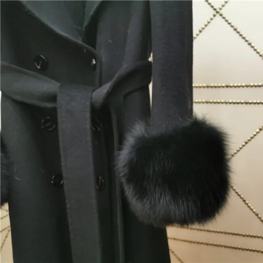 

2021 High Quality Elegant Slim Suit Collar Cashmere Coat Women Natural Fox Fur Cuffs Double-side Wool Coat Female