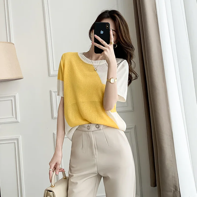 

Женский свитер, футболка, летний модный женский пуловер в стиле пэчворк с круглым вырезом и коротким рукавом, вязаная одежда, элегантные шик...