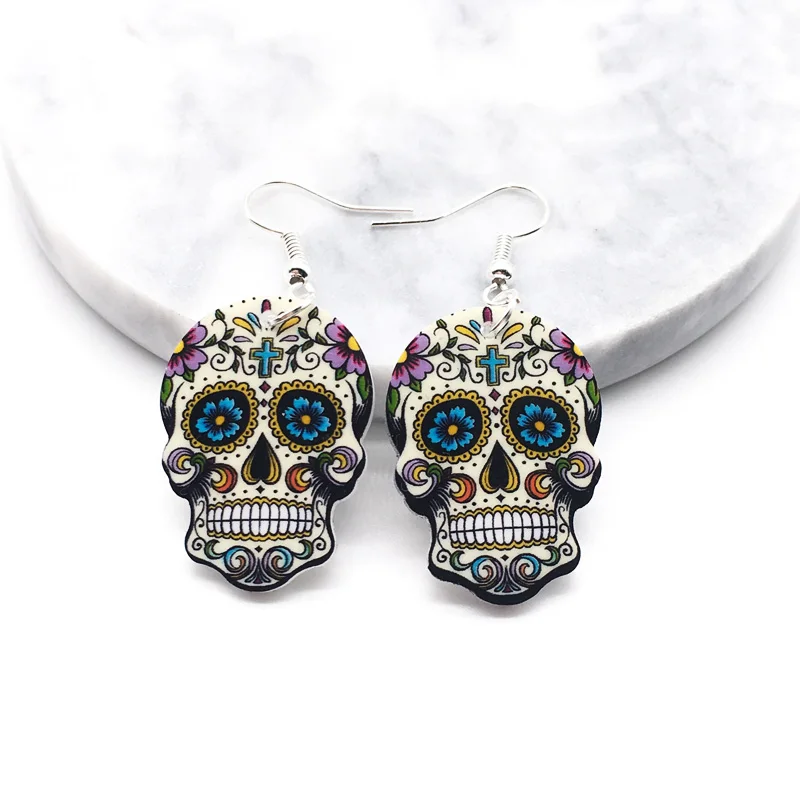 1 Skull Earrings Calavera Sugary-Sweet Whimsical Celebrate Mexican Day Halloween Acrylic Sugar Skull Earrings For Women 4 colors - Окраска металла: 1