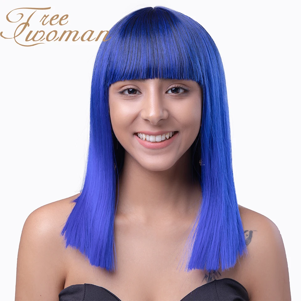 FREEWOMAN натуральный черный прямой синтетический парик с челкой парики средней