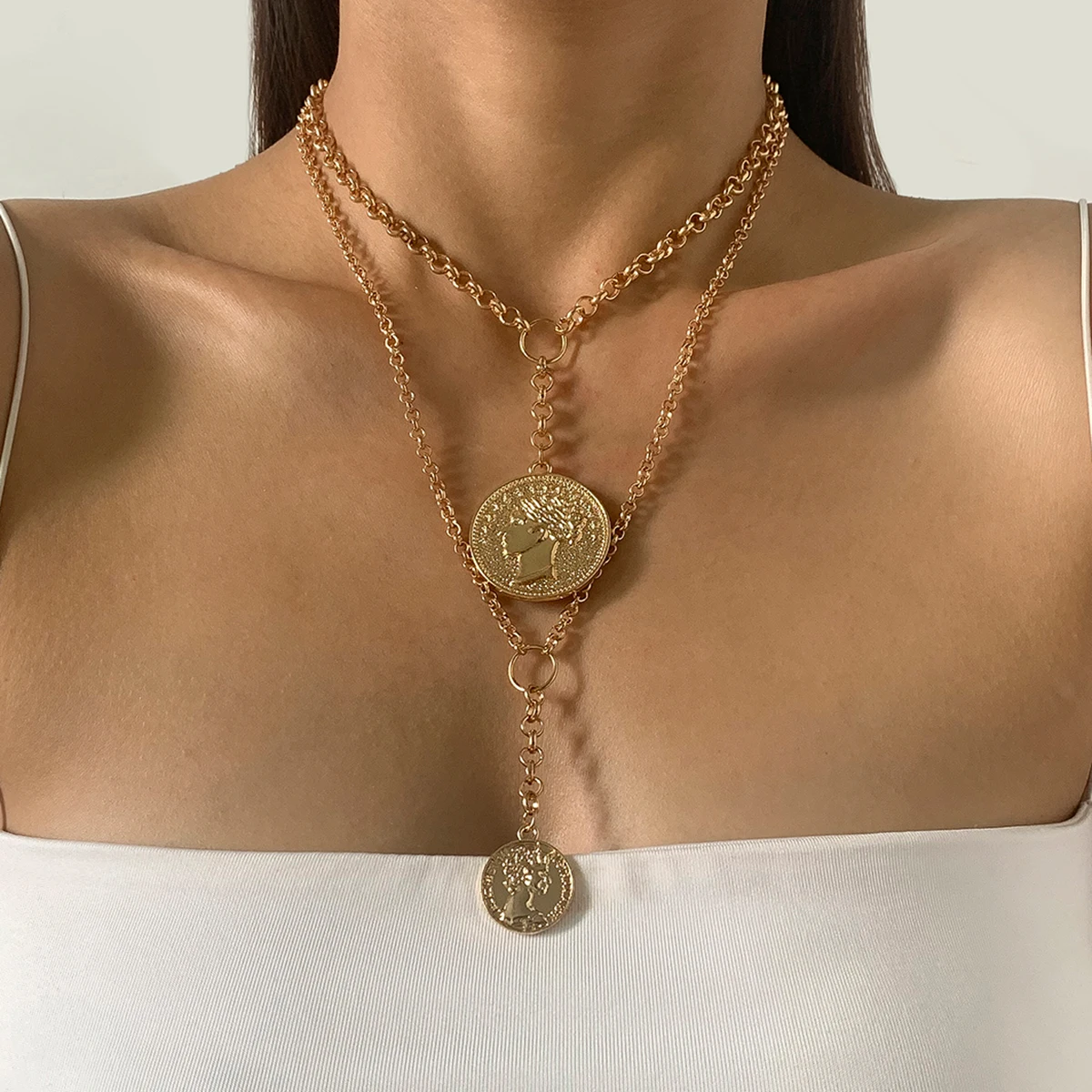 

IngeSight.Z Retro Multiple Portrait Carved Coin Pendant Necklaces Layered Punk Link Chain Choker Necklace for Women Neck Jewelry