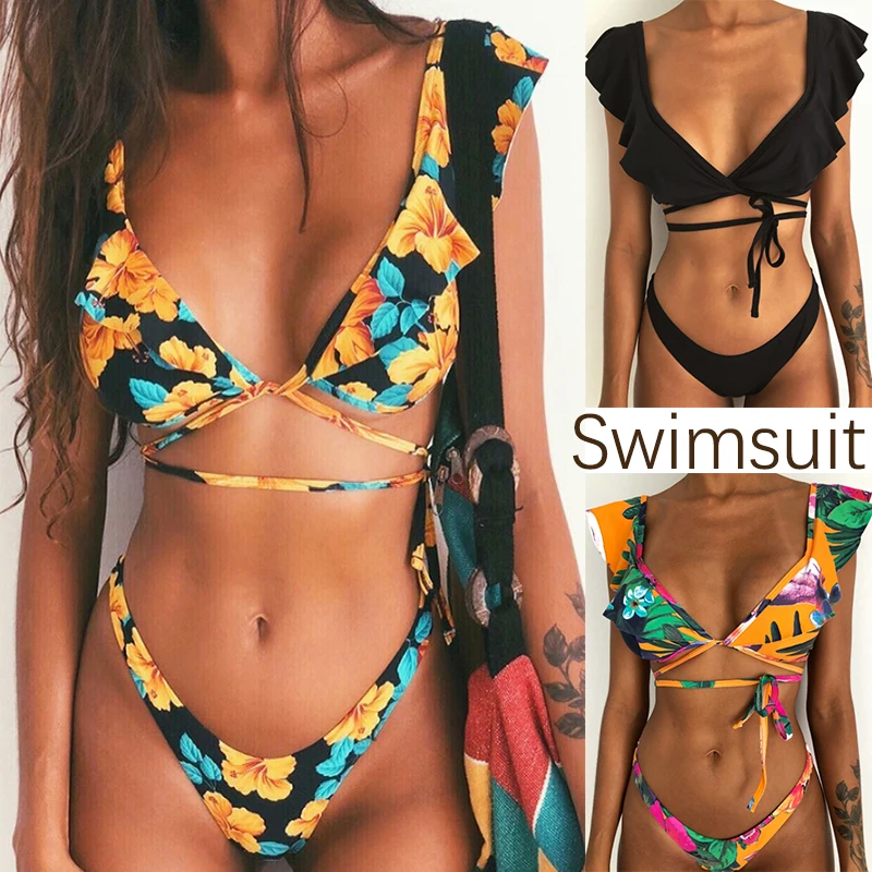 

printing Lace Ruffle Push Up Women Bandeau Swimsuit Female Swimwear Bra Cup Bikini Set High Cut Bathing Suit