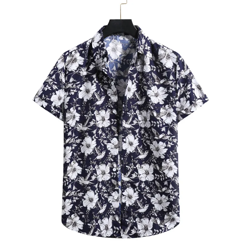 

Summer Man Shirt Mens Ethnic Printed Hawaiian Shirt Stand Collar Stripe Short Sleeve Loose Hawaiian Henley Shirt