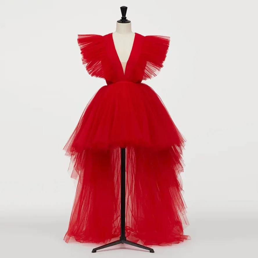 

Red Image Hot Red High Low Tulle Prom Dresses Deep V-neck Long Tutu Prom Gowns Ruffles Formal Party Dresses 2021