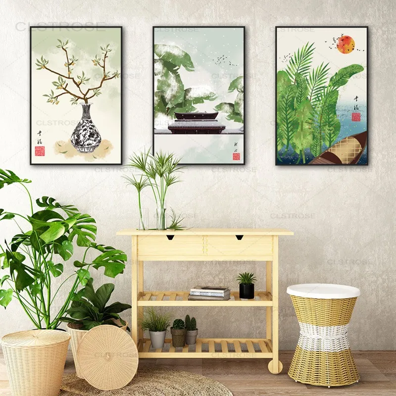 Фольклорный пейзаж на заказ холст с рисунком в китайском стиле для кабинета