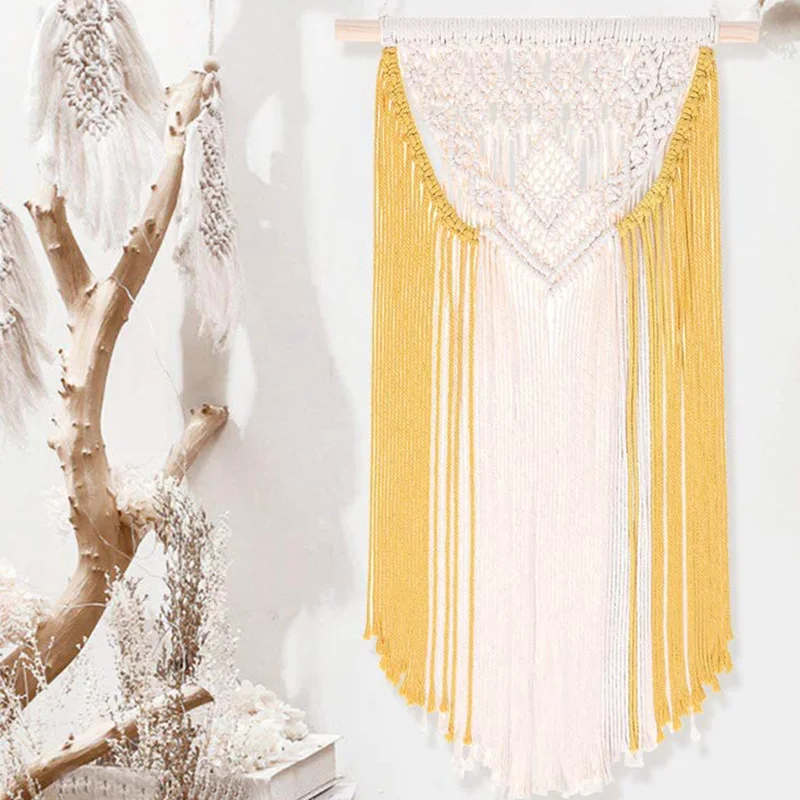 

2Pcs Wall Hanging Macrame Tapestry Woven Cotton Rope Decor Bohemian Style with Tassels Art Home Decoration,Yellow,33Inch