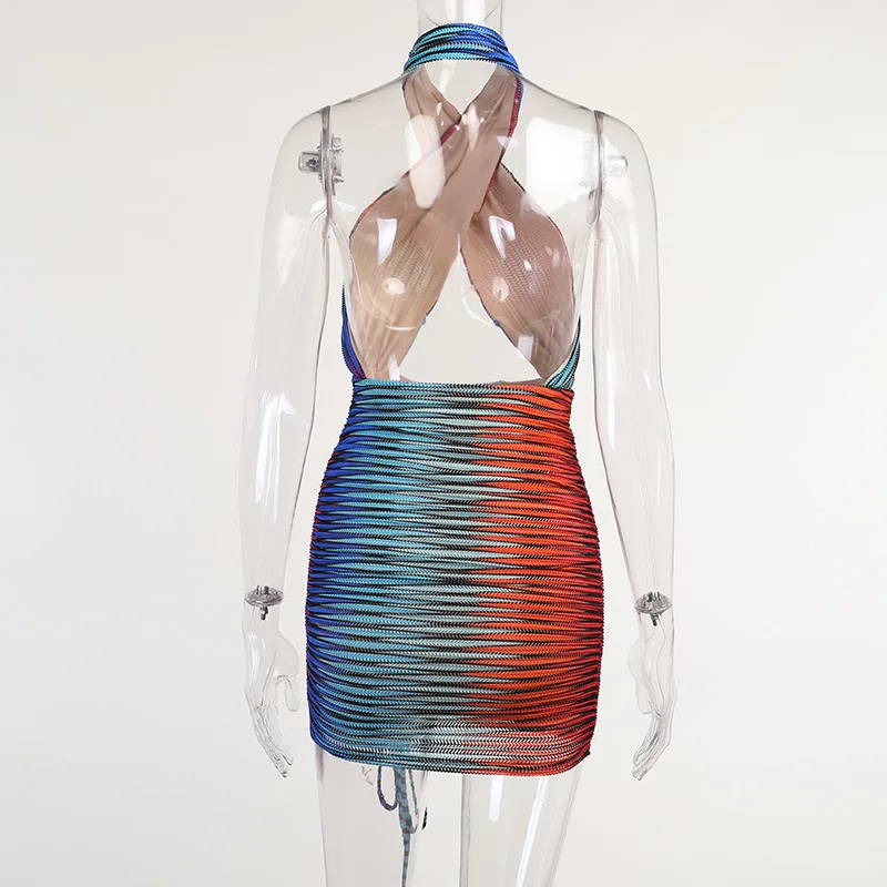 

Summer Women's Gradient Mini Dresses Sexy Slim Knitted Fabric Backless Cross Drawstring Halter Dress 2021