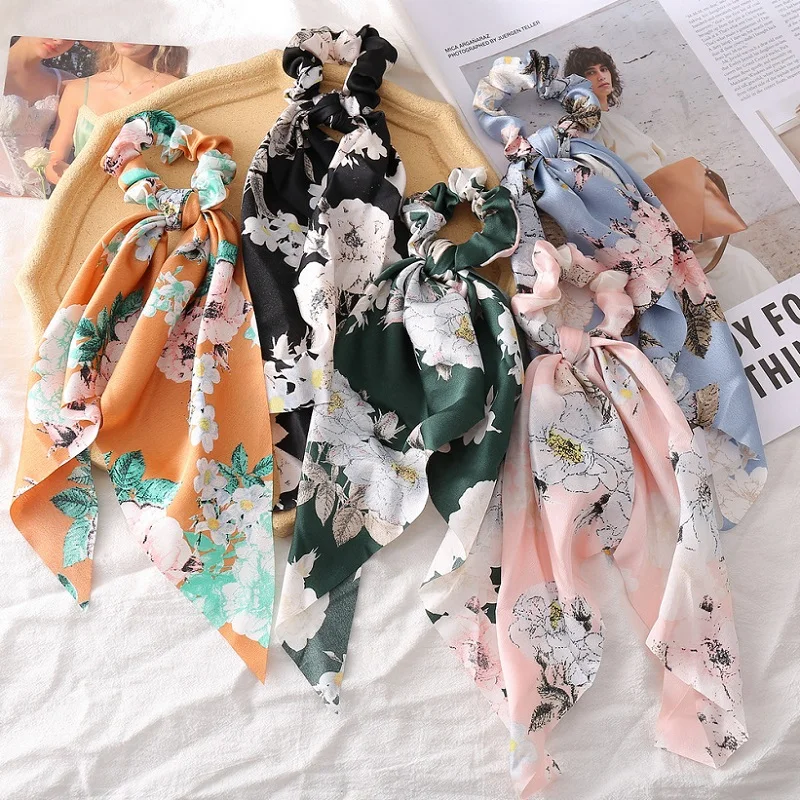 

Fashion Floral Printed Hair Scrunchies Long Hair Ribbon for Women Girls Ponytail Holder Elastic Scarf Hair Accessories Headwear