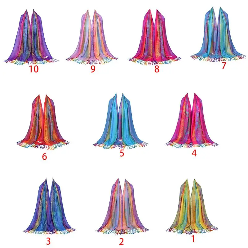 Этнический градиент Красочные жаккардовые цветы перо хлопок шаль с кисточками