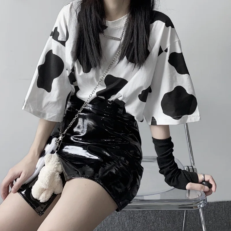 

New Ladies T-shirt Cow Print T-shirt Streetwear Tops Female T-shirt Oversized Loose Short Sleeve Harajuku Female T-shirt