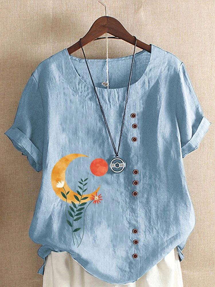 

Women's Summer Round Neck Short Sleeve T-shirt Casual Graphic Shirt Leisure Fashion Loose Flower Printed Blouse Tops Plus Size