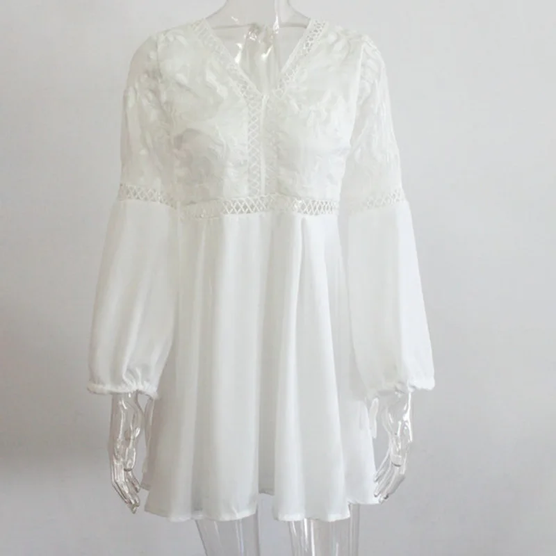 

Casual Women Sexy Mini Dress Lantern Sleeve Deep V-neck Backless Vestido Autumn Woman Fashion Solid Splicing Hollow Out Dresses