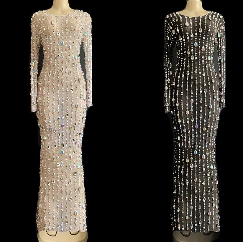 Сетчатое блестящее длинное платье с жемчугом 2 цвета Прозрачное для празднования