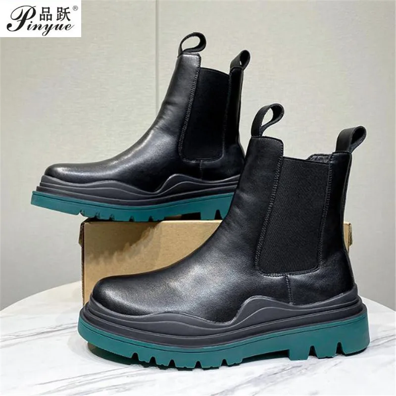 

Men Chelsea Boots Slip-on Waterproof Ankle Boots Men Brogue Fashion Boots Microfiber Leather shoes Big Size 38-44