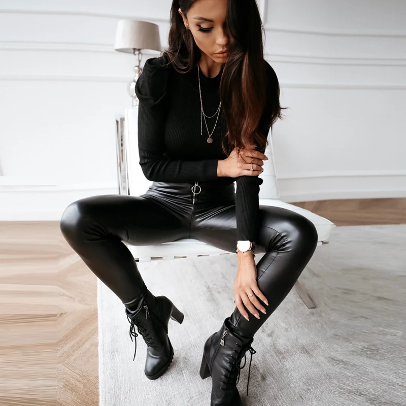 

Sexy PU Leather Pants Women Pencil Pants For Women Skinny Zipper High Waist Tight Black Trouser Fashion Black Leather Pants