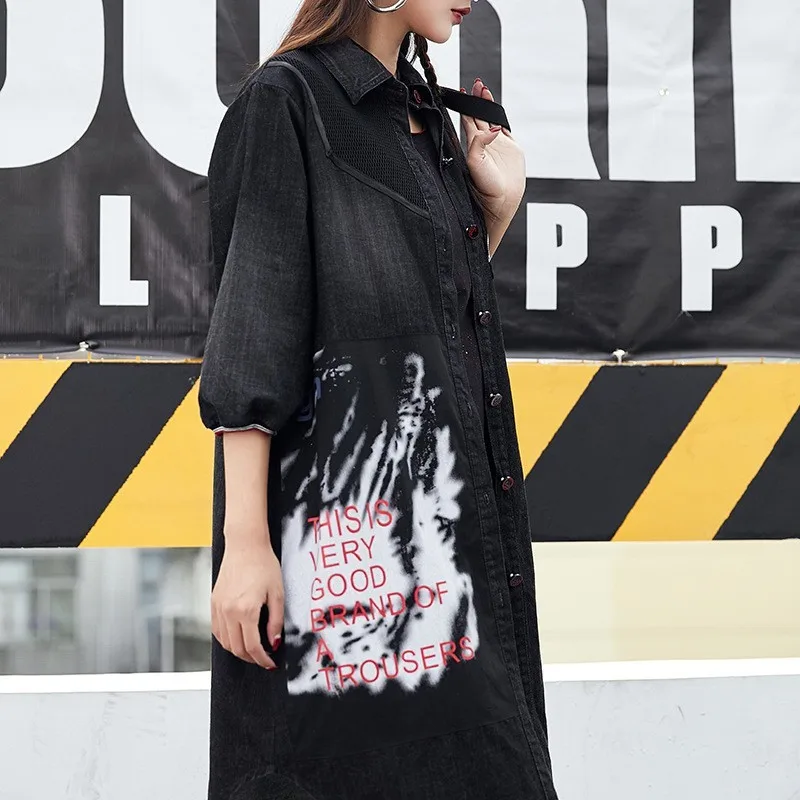 

Spring New Single Breasted Three Quarter Sleeve Womens Denim Shirts High Street Medium Length Printed Loose Female Trench Coats