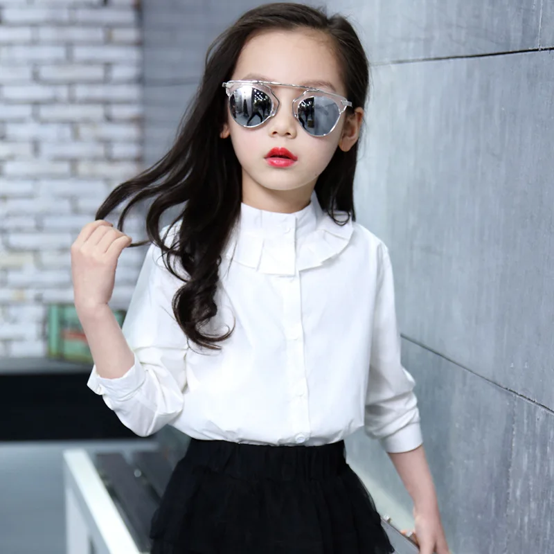 White Shirt Белая школьная блузка для девочек-подростков; хлопковые однотонные детские блузки и рубашки с рюшами для малышей; детские изысканные Топы; одежда для детей 12-13 лет - Цвет: White Shirt