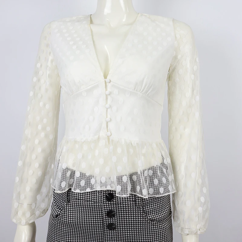 

Semi Sheer White Polka Dot Street Top V Neck Blouse