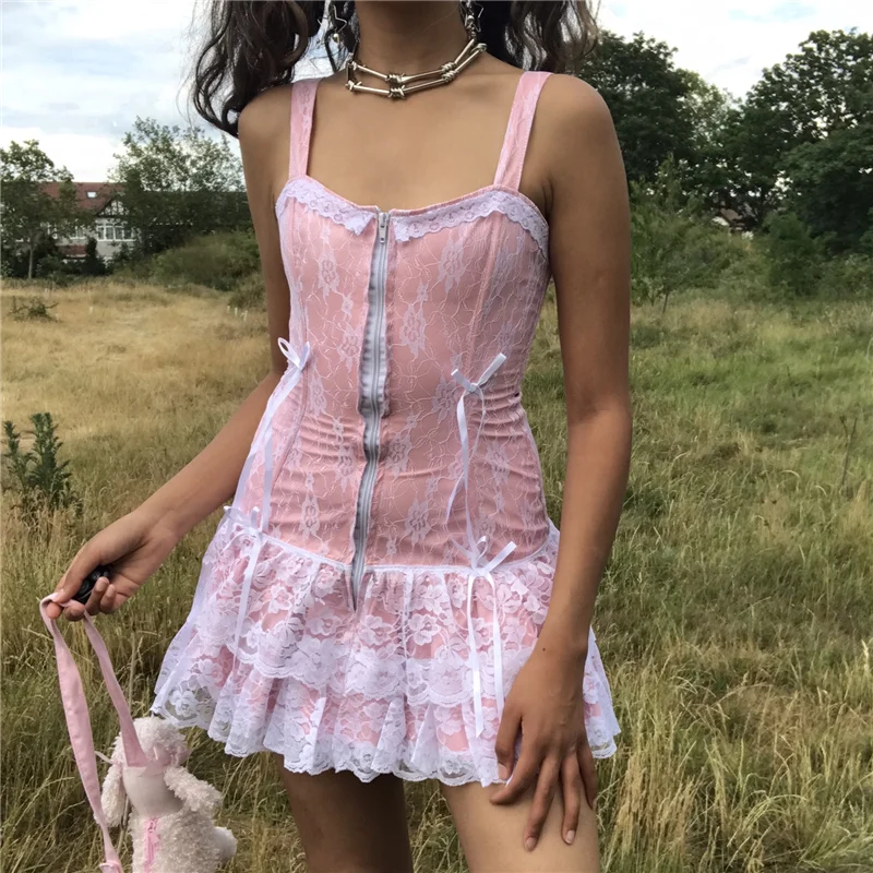 

90S Millennial Girl Suspender Lace Patchwork Dress Sexy Ultra Mini Butterfly Zipper Open Dress With Ribbon Bow Knot Streetwear
