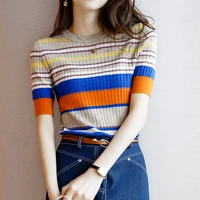 ljsxls 2021 thin women o neck sweater pullovers summer women knitted striped sweaters pullover slim female short seleeve tops