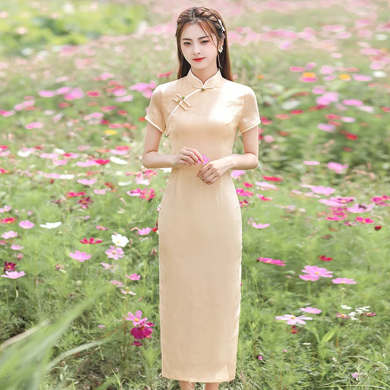 

Black Long Lady Chinese Traditional Dress Gown Sexy Slim Qipao Classic Elegant Cheongsam Mandarin Collar Flower Vestidos