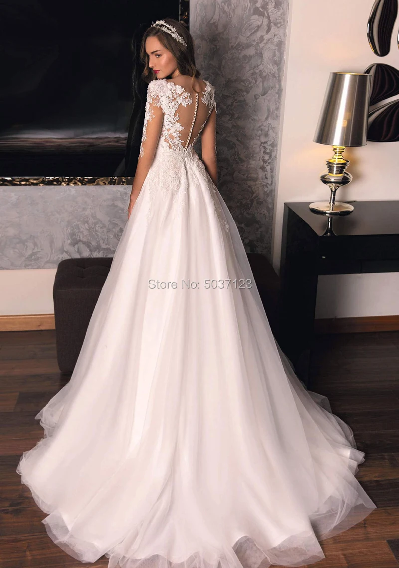 Половина рукава Vestido De Noiva Тюль линии Свадебные платья V шеи свадебное платье