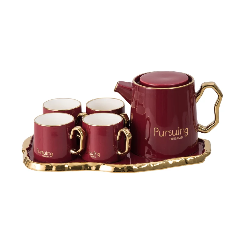 

Light Luxury Drinking Ware Ceramic 6pieces Coffee Tea Cup Set With Irregular Tray Household Flower Teapot