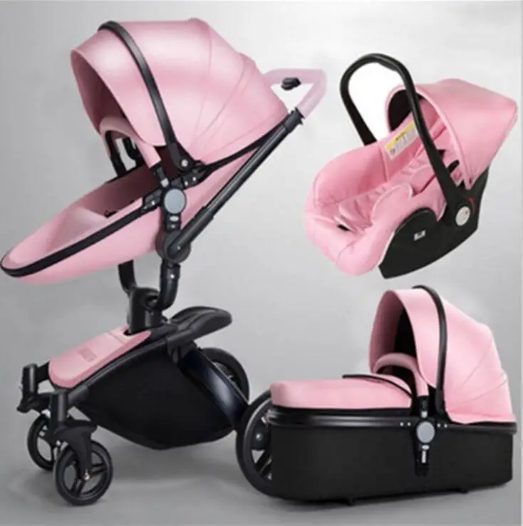 Pink three-in-one PU детская коляска прогулочная коляска сложенная детская коляска 3 в 1 коляска для 0-36 месяцев детская тележка - Цвет: Pink three-in-one