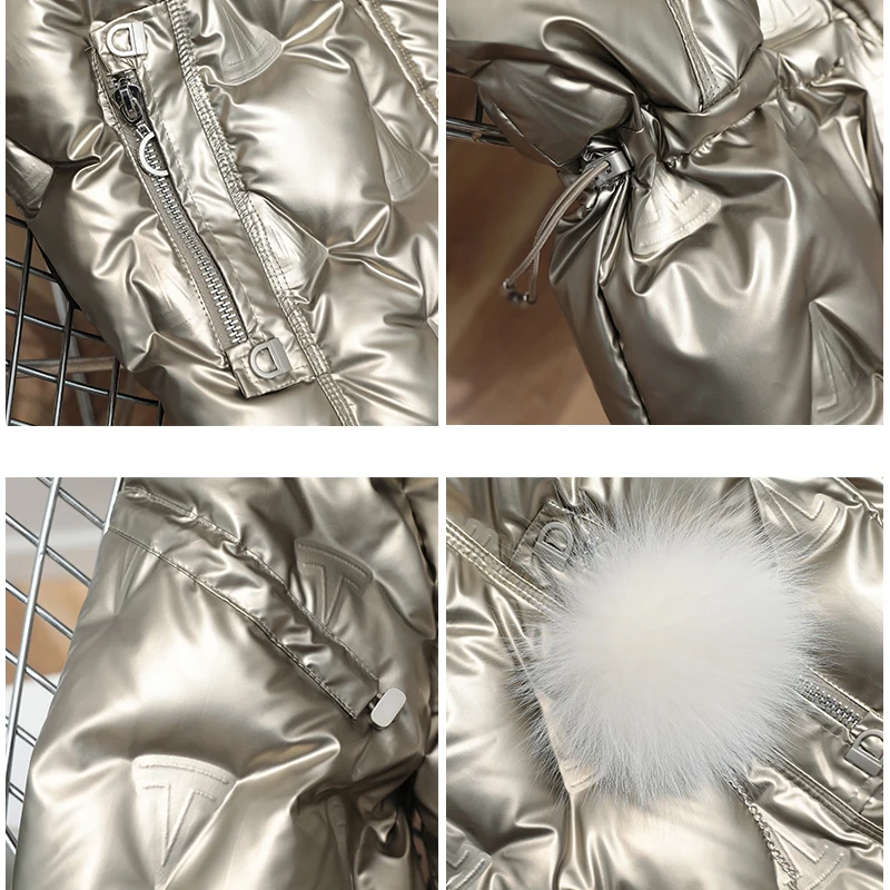 

Women Glossy Duck Down Coat Large Fox Fur Collar Hooded Winter Down Jacket Plus Size Long Down Coat Puffer Jacket Doudoude Femme