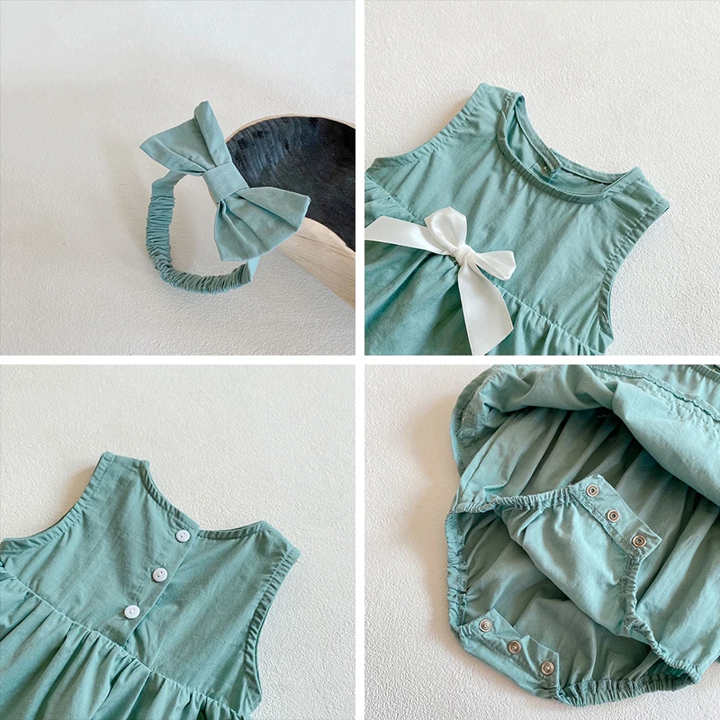 

Baby Rompers 2021 New Summer Girls Bowtie Lovely Bodysuits Infant Baby Solid Clothing Toddler Casual Suits with Headband Rompers