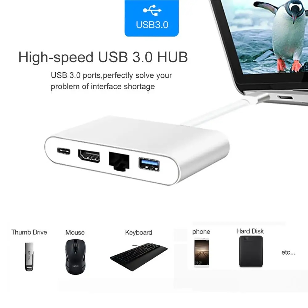 4 в 1 адаптер USB 3 Type C HDMI 4K + Gigabit Ethernet RJ45 0 мультипортовый конвертер разветвитель для