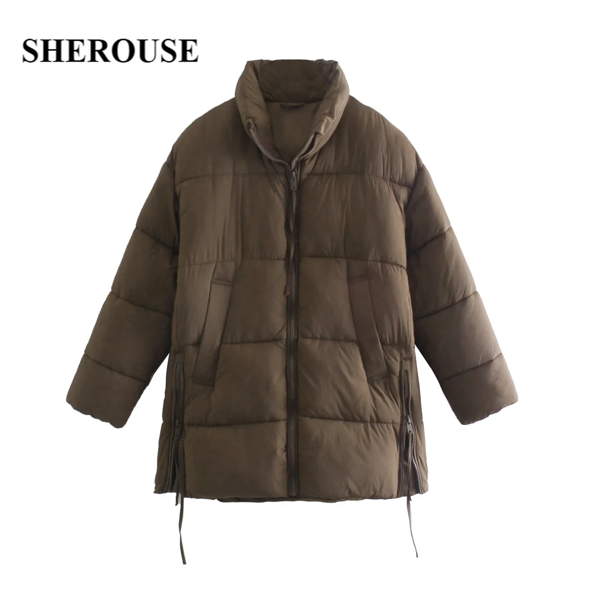 

Sherouse Women Fashion Puffer Jacket Winter Warm Parkas High Neck Long Sleeves Woman Thick Cotton-padded Coat Chic Tops Outfit