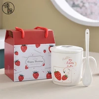 ceramic cup cartoon strawberry mug with lid and spoon water cup breakfast cup cute milk cup drink cup