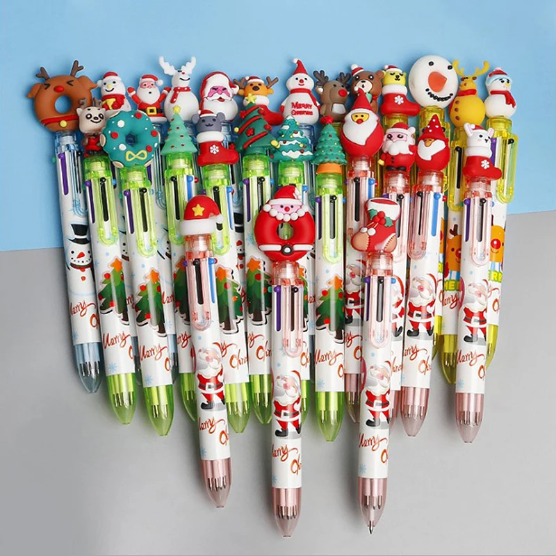 

5pcs Cute Six Color Pen Santa Claus Xmas Cartoon Noel Deer Ballpoint Pen Elementary School Gifts Stationery Merry Christmas Deco