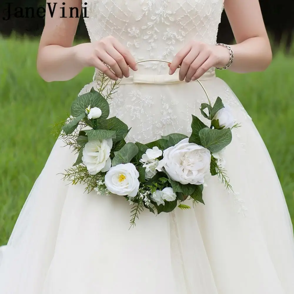 

JaneVini Korea White and Green Bride Bouquet Round Silk Flower Wreath Basket Fleur Rose Peony Bridal Bouquets Wedding Decoration