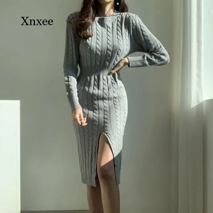 

Women Knitted Jumper Dresses Split Sweater Winter Clothes Woman Autumn Warm Casual Pollover 2021 Solid Thick Korean New Dress