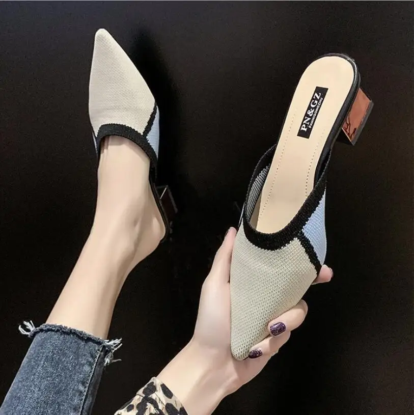 

Slippers 2021 women's shoes spring Korean style pointed half slippers women's flying woven mid-heel sandals slippers high heels