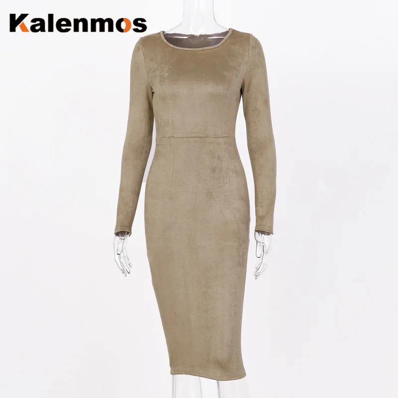 Замшевые Длинные рукава Bodycon Midi платье KALENMOS 2019 Осень Зима Женщины Высокая талия o