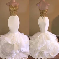 sexy gold top and white ruffles lace mermaid prom dresses 2019 spaghetti strap sleeveless backless evening dress with beaded