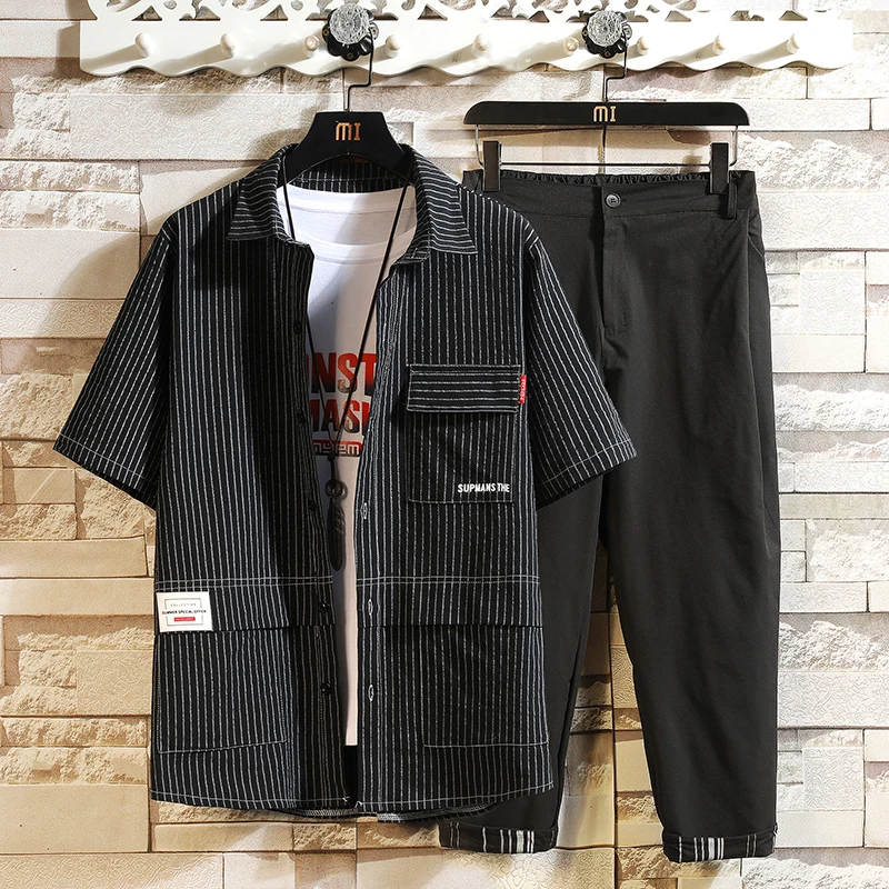

8XL Large size New Summer 2021 Men's Striped Suit (Shirt + Trousers) 2-piece Outfit Obesity Casual Fashion Fat people dress