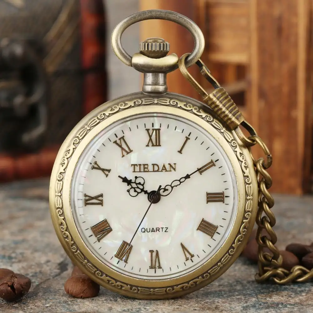 Shell Dial Pocket Watch Necklace Vintage Chic Quartz Roman Numerals Watch Women Pendant Silm Thick Chain Clock Gift For Ladies