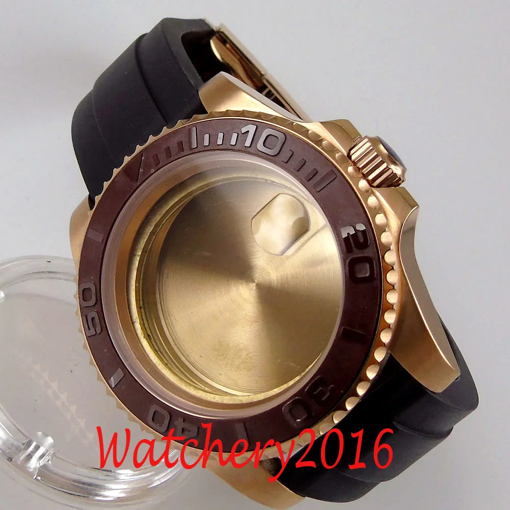 BLIGER Rose Gold Plated 40mm Watch Case fit for ETA 2836 MIYOTA 8215 Sapphire Glass Rubber Mental Back Brushed Insert