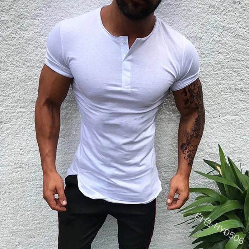 

Mandylandy Men Casual Shirt Mens Solid Color Short Sleeve O Neck Single Breasted Button Slim Fit Bottoming T-shirt