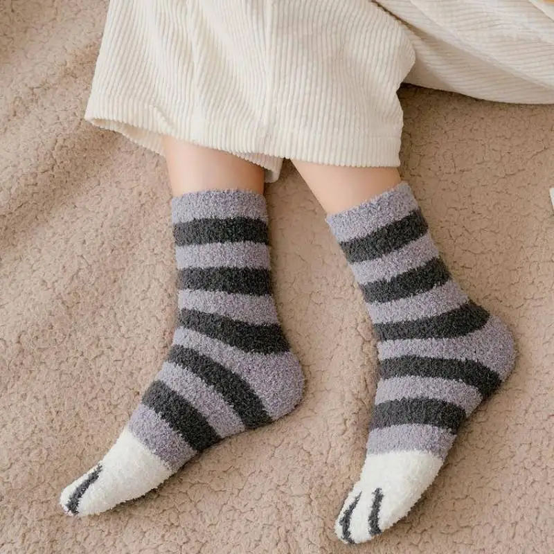 

New Socks Female Autumn and Winter Tube Stockings Cat Claws Cute Coral Fleece Plus Fleece Warm Sleeping Floor Sleeping Socks