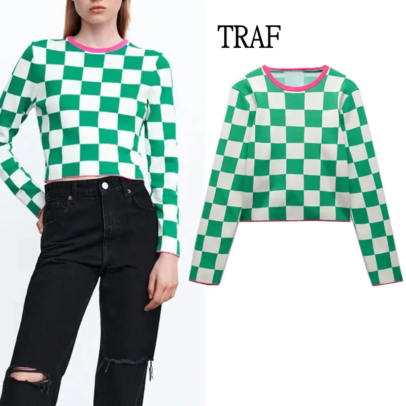 

TRAF 2021 Women Knitted Sweater Pullovers Women O Neck Loose Long Sleeve Check Autumn Short Woman Sweater Chic Streetwear Top