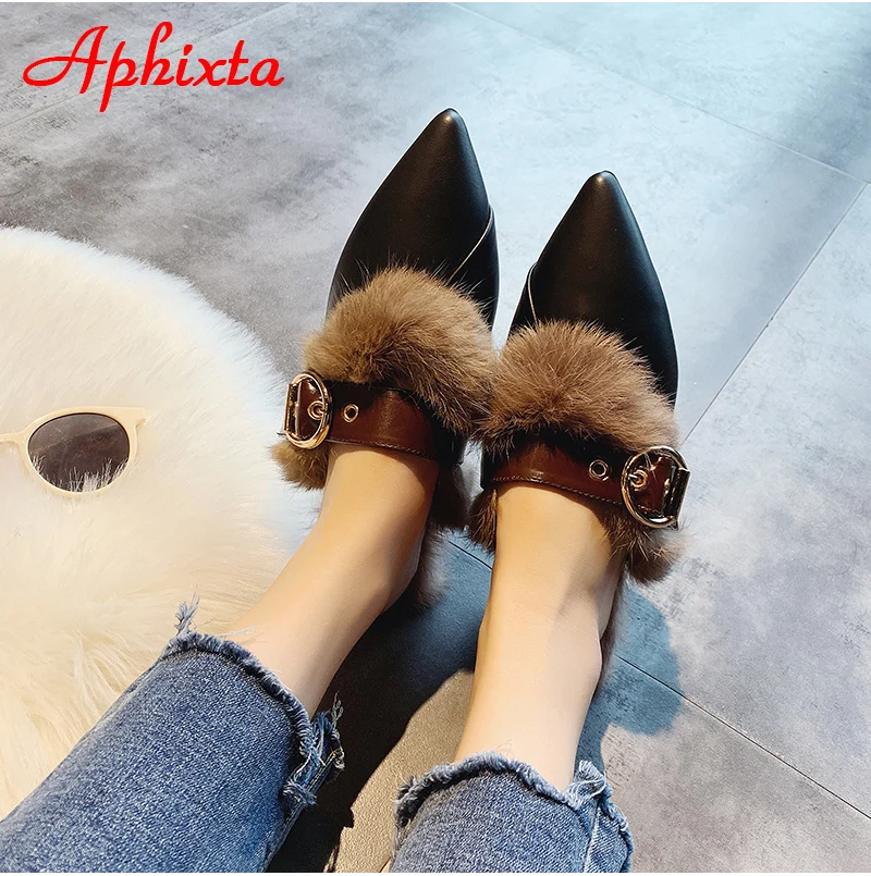 Aphixta/женские шлепанцы с острым носком; Коллекция года; обувь без задника с натуральным животным мехом; обувь с пряжкой; тапочки с натуральным мехом; женская обувь на меху