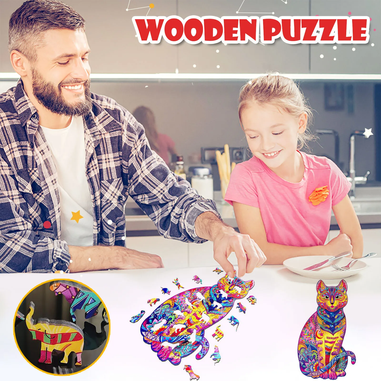 

Wooden Jigsaw Puzzles Unique Colorful Irregular Shape Creative Craft Mysterious Cat Puzzle Teens Kids Adults Family Game Play A2